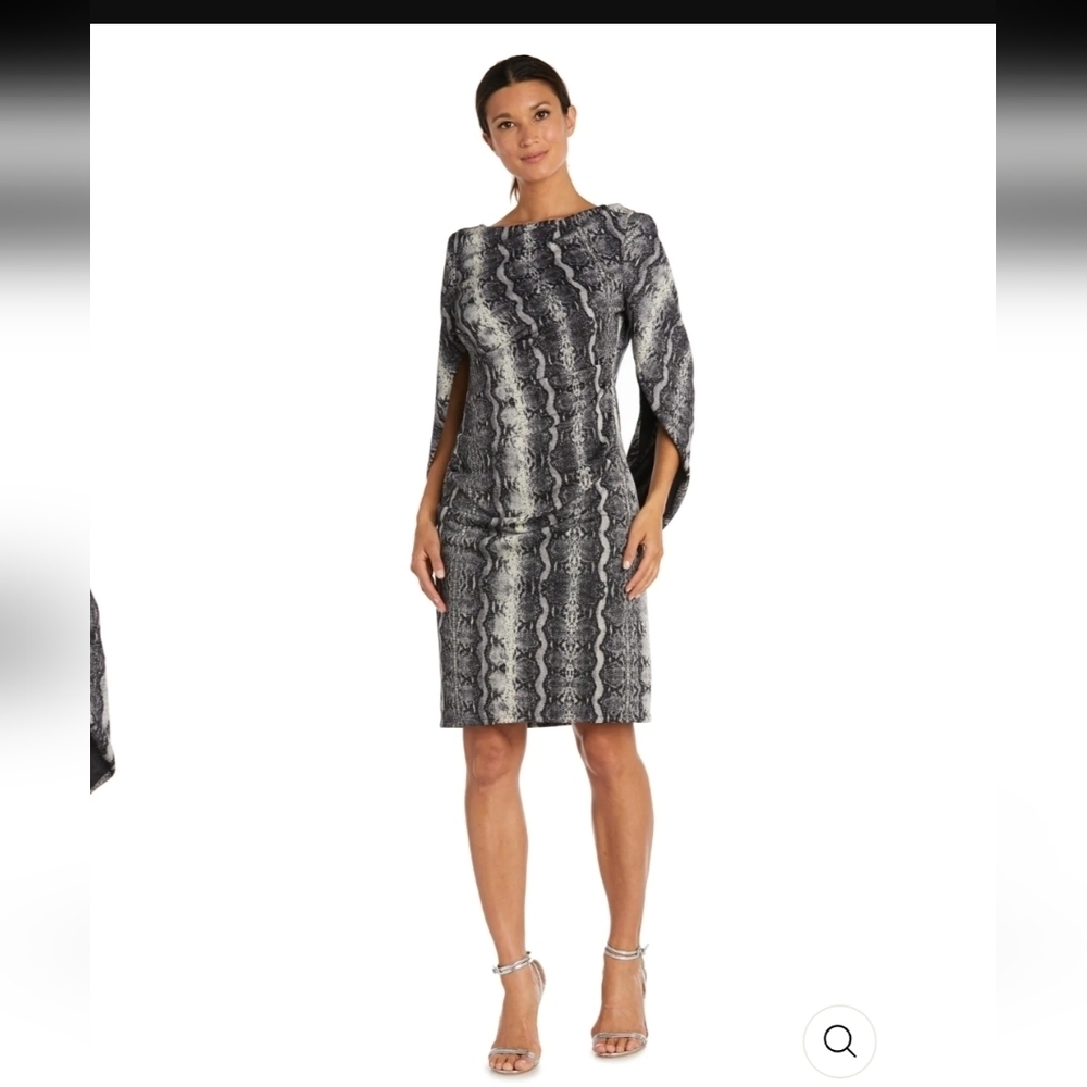 R & M Richards Back Draped Sleeve Cocktail Dress in Grey & Black Size 6